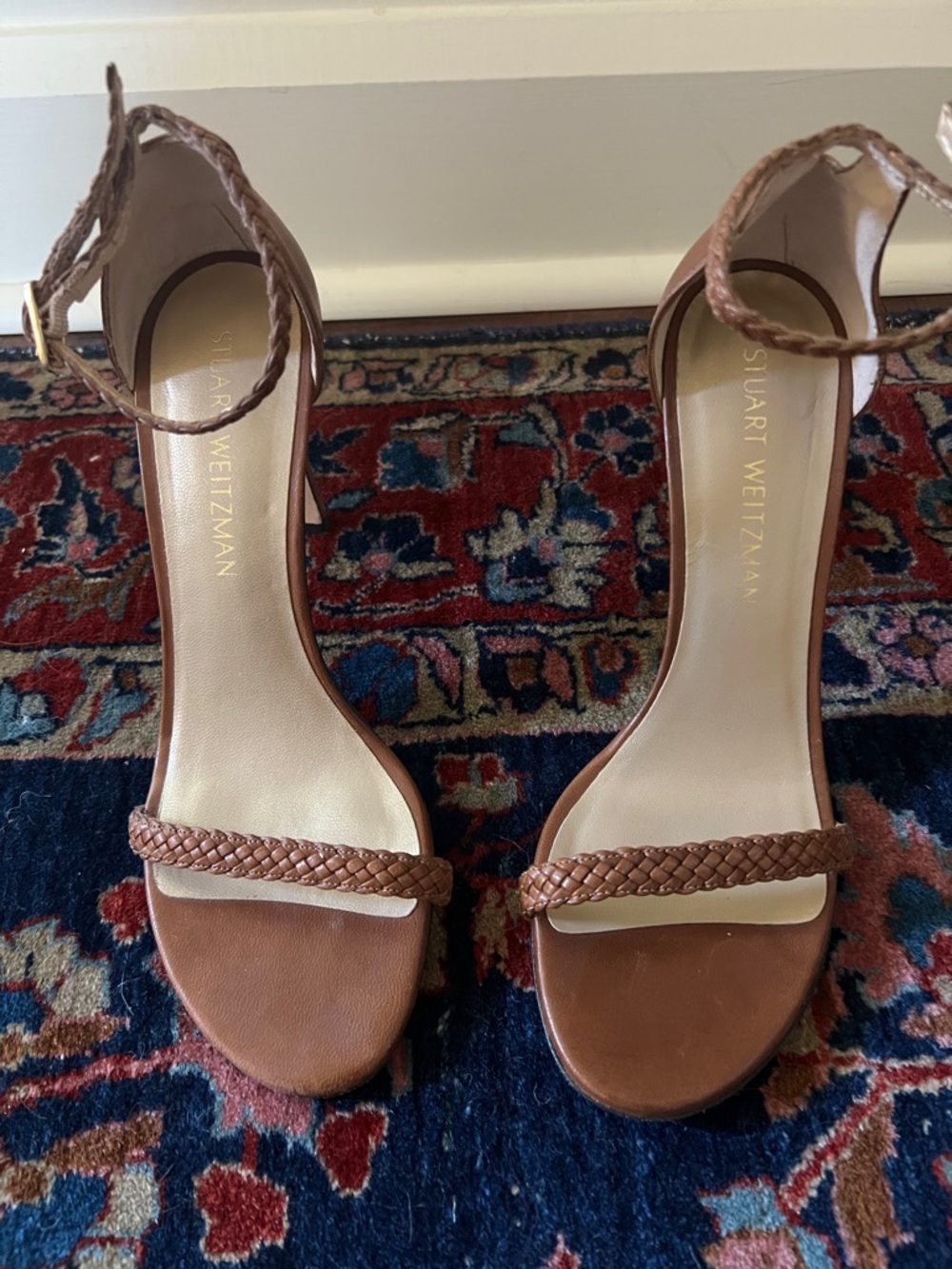 Stuart Weitzman Barebraid Ankle-Strap Heels in Cognac